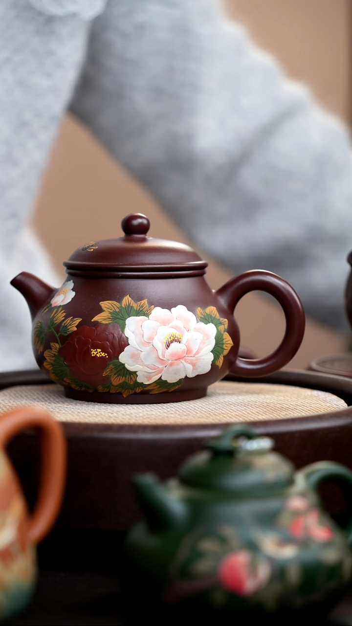 茶壶紫砂紫泥潘壶泥绘牡丹008