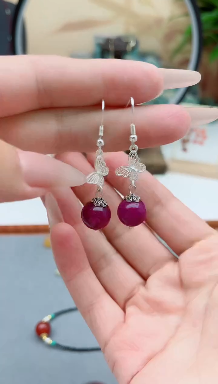 玛瑙/玉髓耳饰银S925镶嵌8890