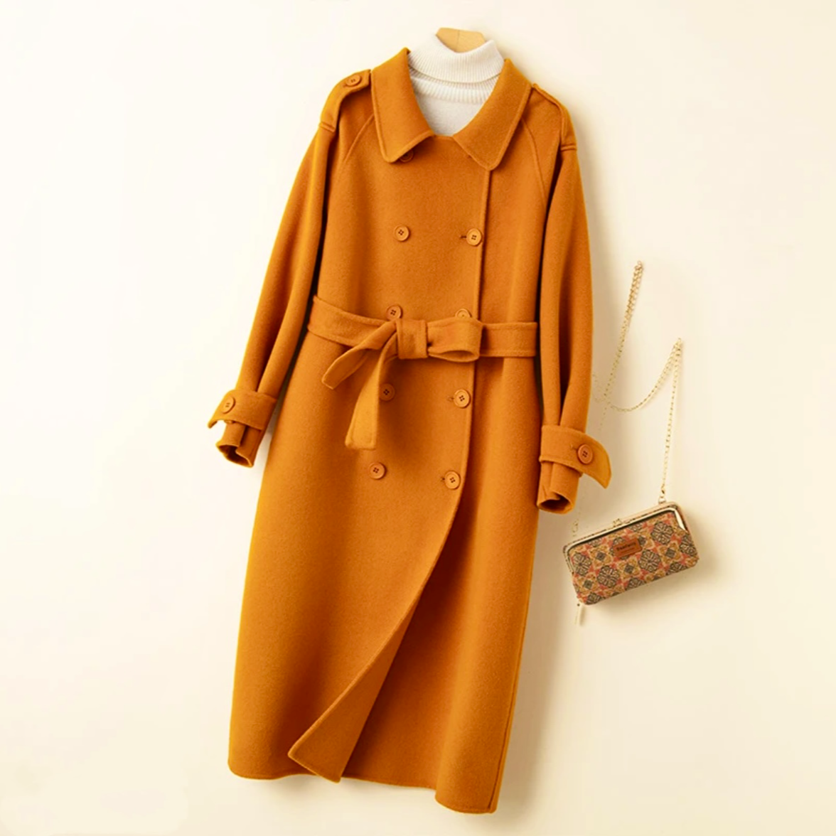 A124秋冬长款经典16粒扣毛呢外套韩版羊毛大衣翻领显瘦双面呢韩版