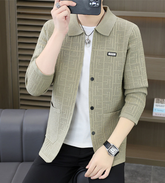 男士外套春秋季新款翻领提花开衫外套简约商务休闲百搭针织25816