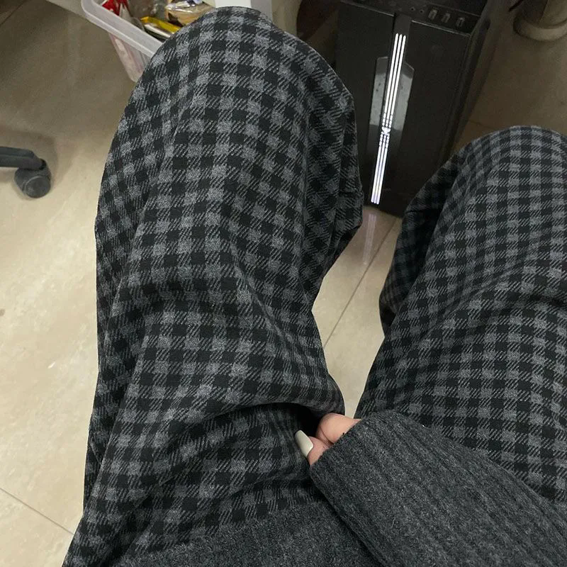 毛呢格子裤女春秋宽松直筒垂感显瘦休闲外穿慵懒风裤子加绒阔腿裤