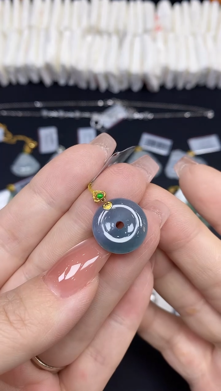 吊坠(不含链)18K金镶嵌翡翠平安扣18K金扣镶嵌@@A37-2