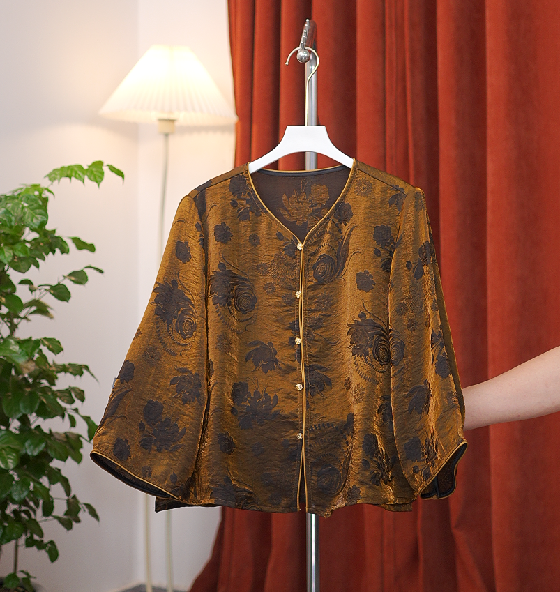 [銮流沙] 新中式高定圆领真丝香云纱正开襟短袖七分小衫宽松显瘦