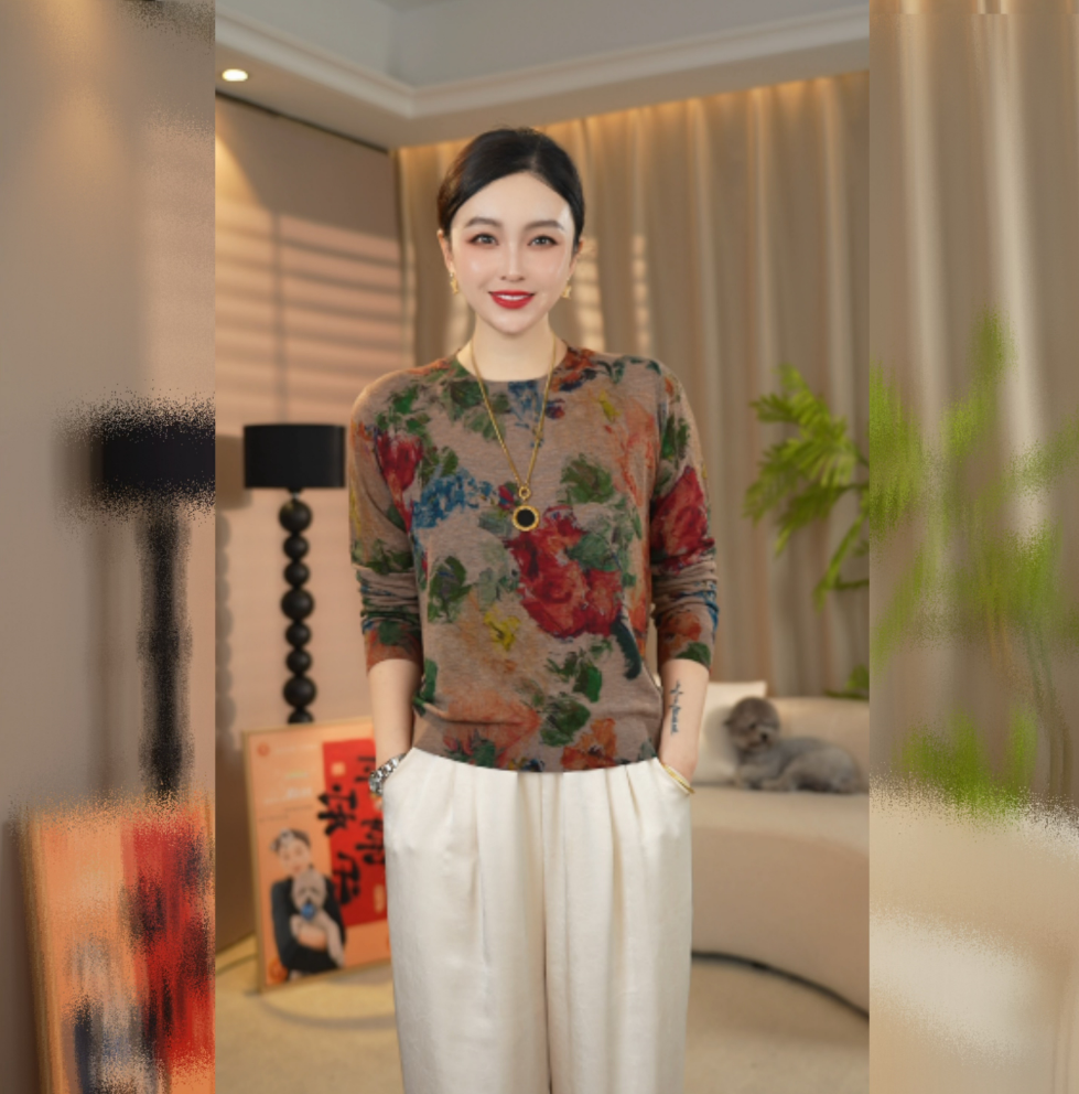 浮香 秋冬新款高级感遮肉显瘦圆领长袖宽松印花气质女精纺羊毛衫