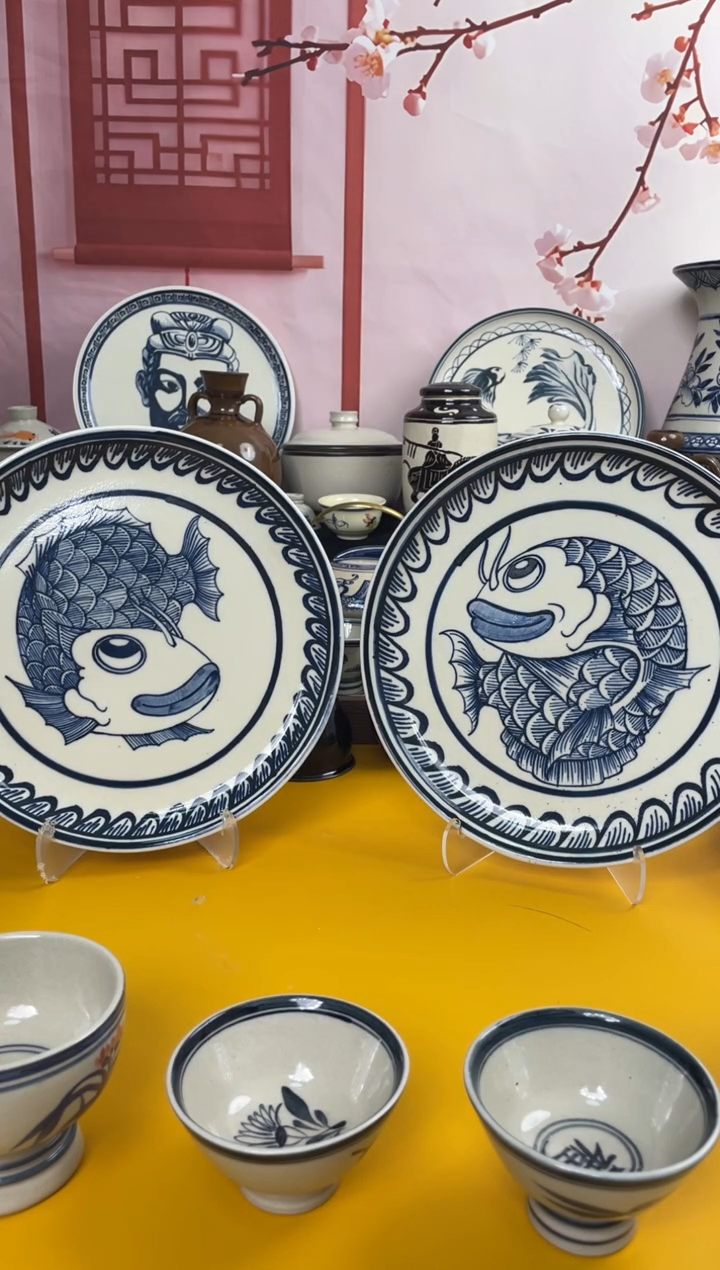 财****生耀州窑有瑕鱼盘2只