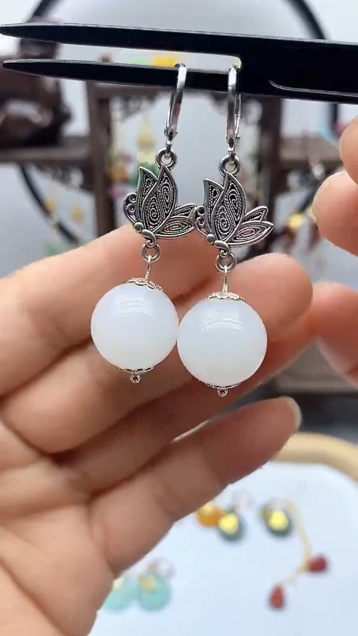 和田玉银S925镶嵌耳饰157