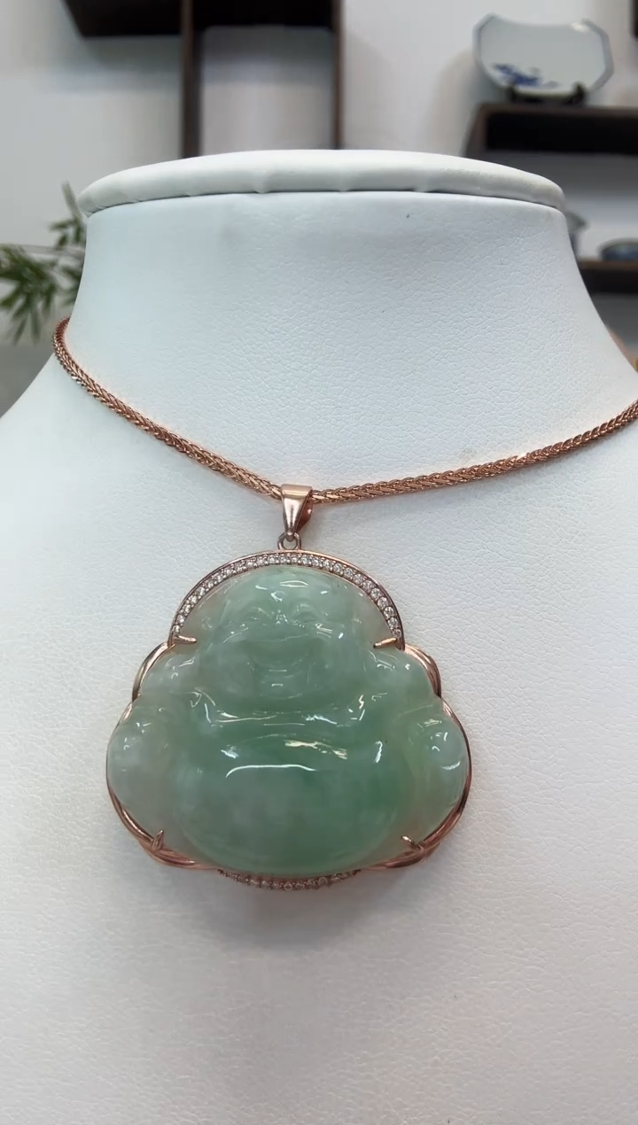 吊坠(赠链)银S925镶嵌翡翠佛公玫瑰边