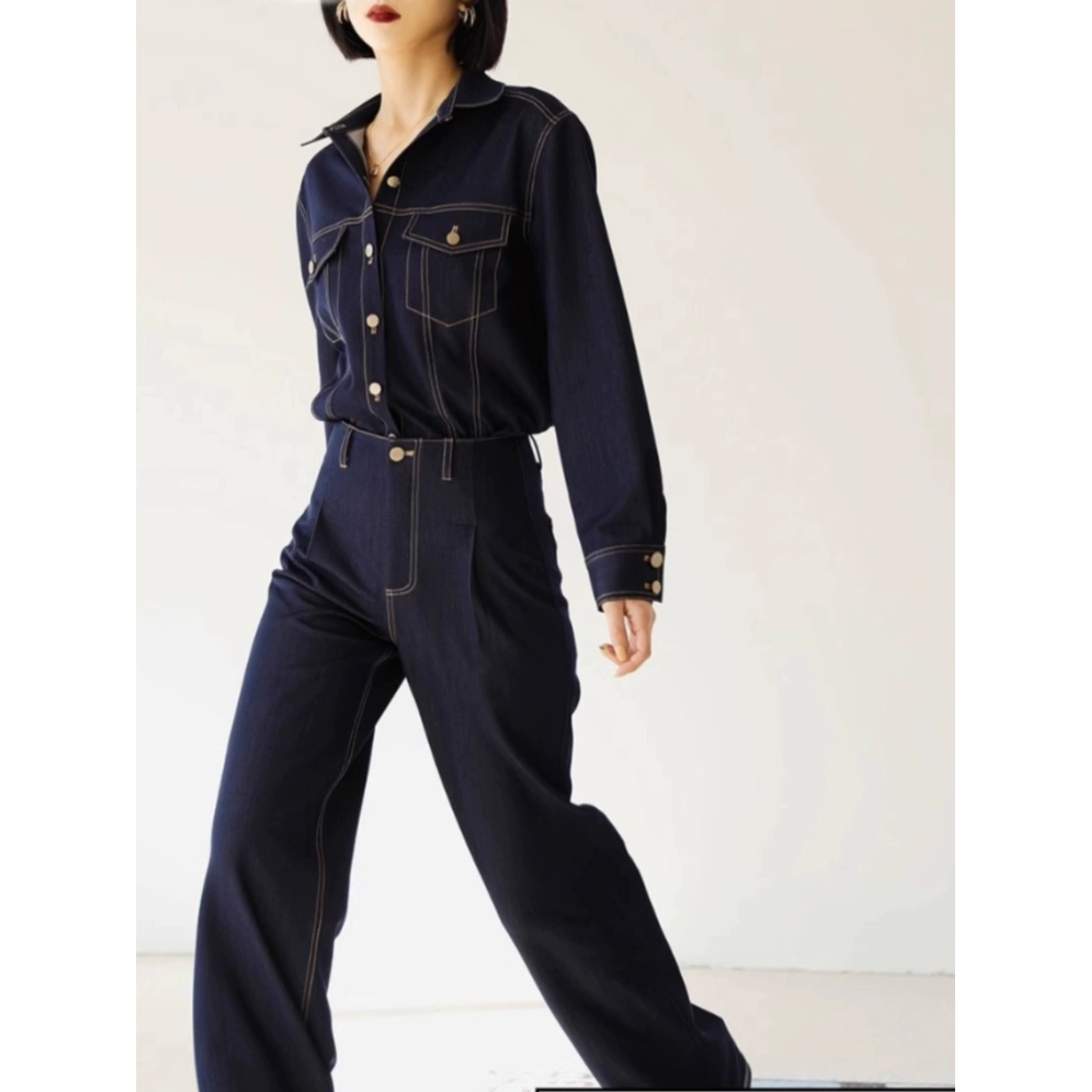 YTH5107复古明线免熨烫垂坠柔软衬衣高腰阔腿长裤牛仔休闲套装