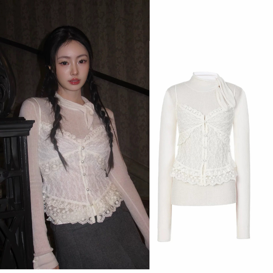 《LFM兔耳朵》姐魅定制 新款兔耳朵针织配蕾丝吊带两件套上衣