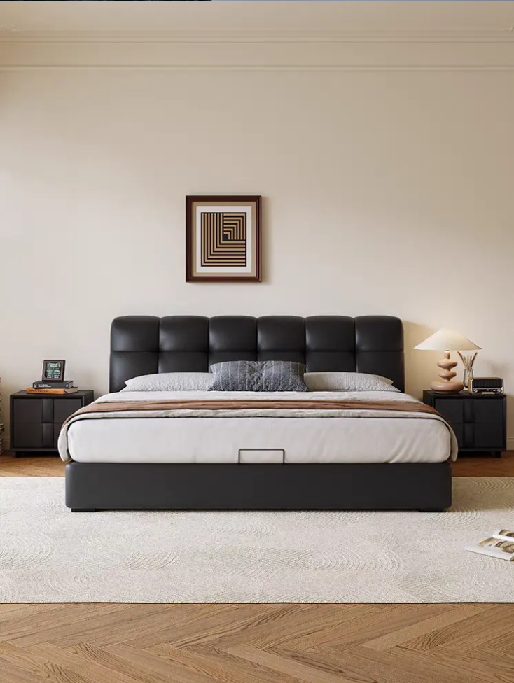 现代意式1.8米华夫格双人床主卧室1.5米结婚床极简真皮主卧床