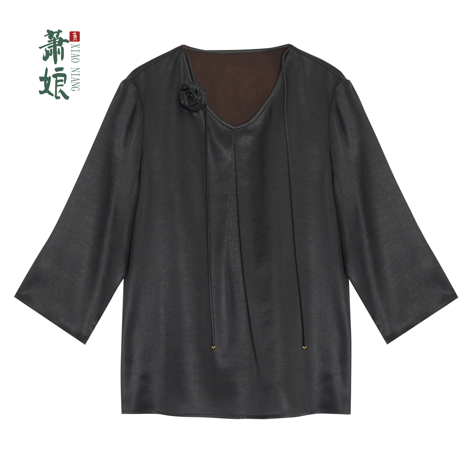 萧娘【不晚】弹力缎桑蚕丝上衣新中式V领国风女上衣5080