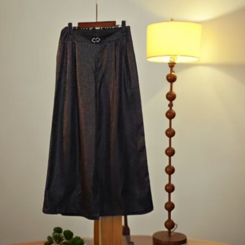 桑蚕丝时尚休闲女裤直筒裤阔腿裤黑色龟裂纹妈妈装