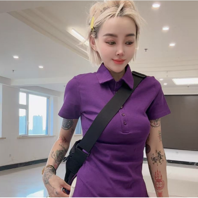 百搭款7091款自留紫色侧开叉短袖