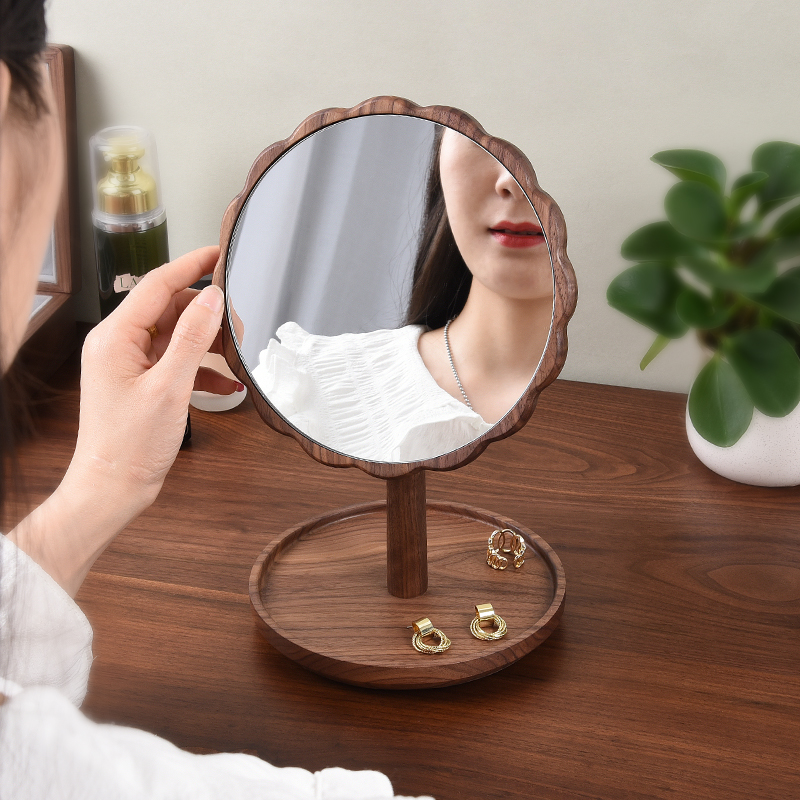 黑胡桃实木化妆镜圆形家用带收纳卧室桌面折叠镜子方形高清复古