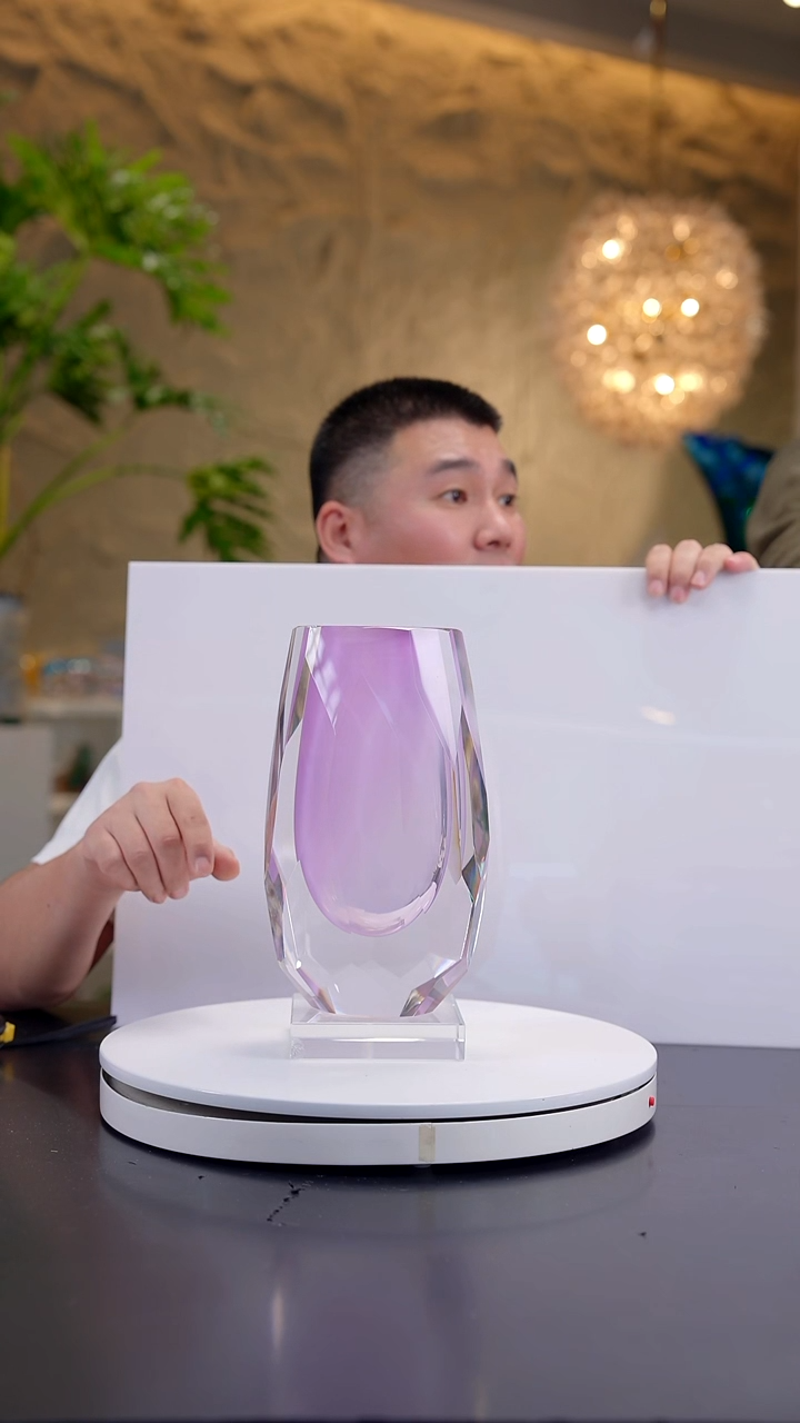 手工艺品琉璃金粉色设计款切面花器大号+底座