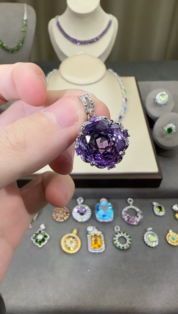 颈饰银S925镶嵌紫晶14mm吊坠玫瑰款