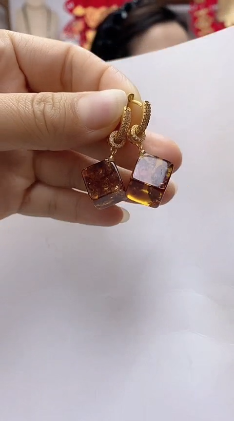 【闪购商品】琥珀裸石银S925镶嵌花珀耳坠