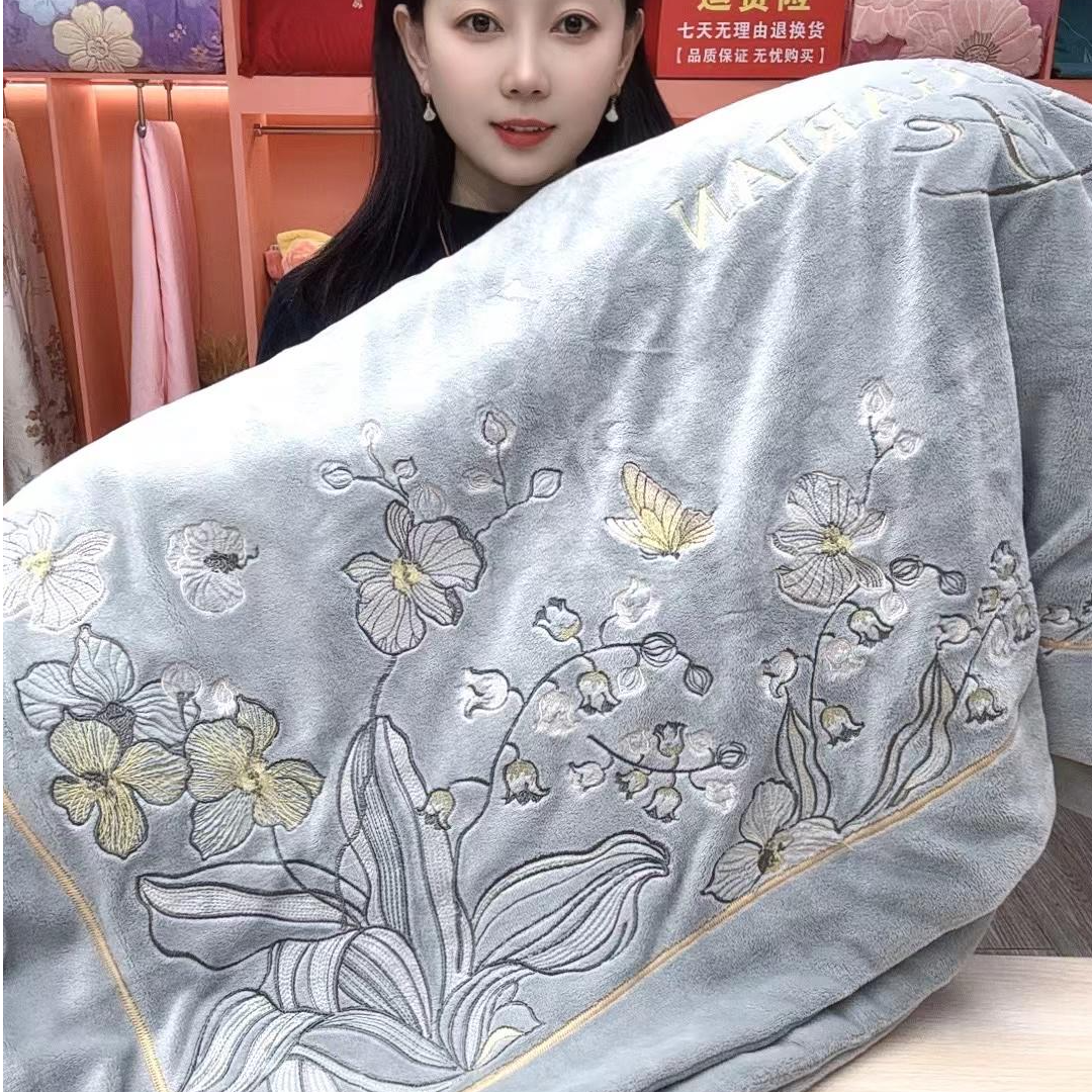【铃兰】灰绣花加厚牛奶绒四件套刺绣牛奶绒被套大床单枕套5