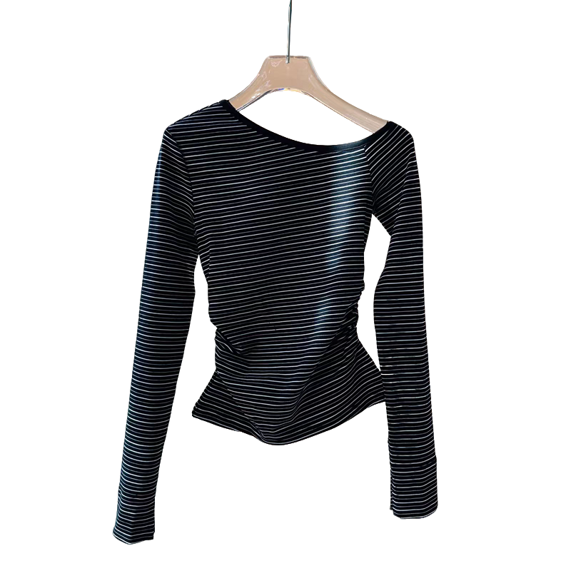 南油小众设计师新品斜肩条纹抽腰T恤