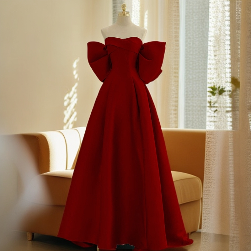 在逃公主敬酒服抹胸礼服敬酒服婚纱婚礼服长裙优雅夏季中腰酒红色