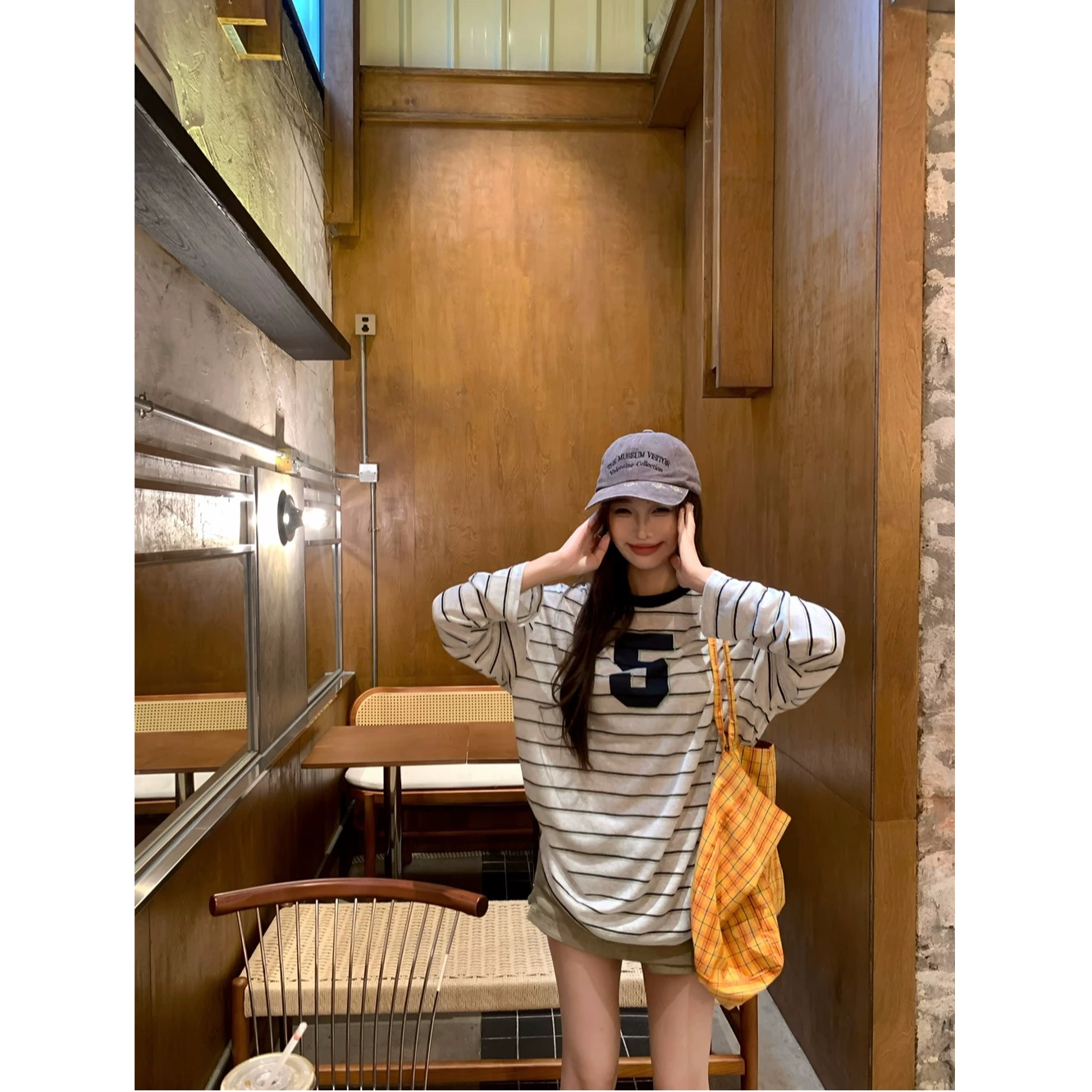 小韩系街头hun~条纹球衣T恤显瘦休闲宽松时尚长袖上衣女A3773
