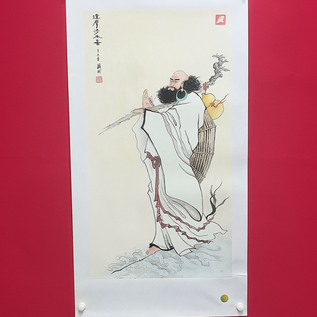 熊盛武手绘宣纸四尺竖幅达摩涉水图人物画（无边框）