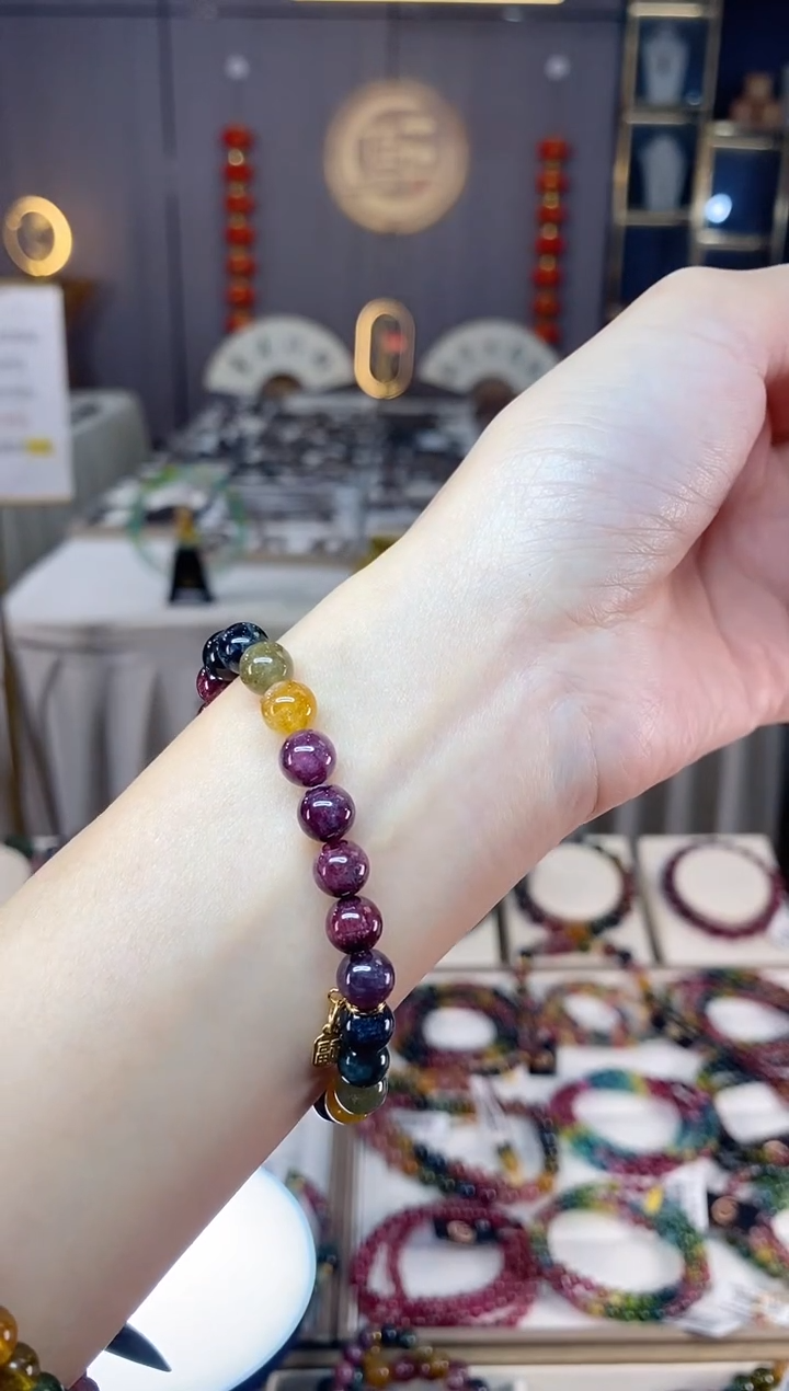 未镶嵌老矿碧玺色标彩虹单圈手串7mm+碧玺dan多样性发货一条