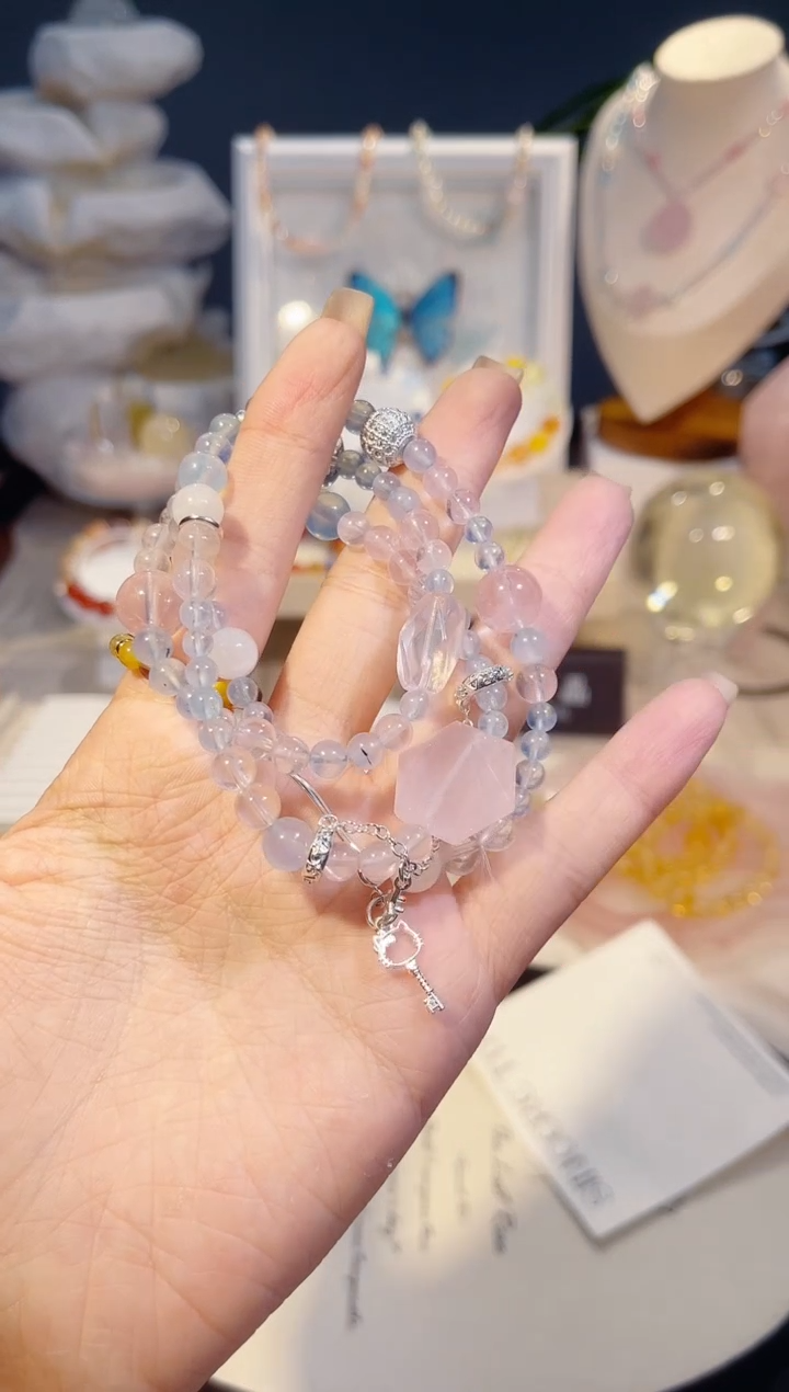 未镶嵌手串水晶三圈粉水晶海蓝宝