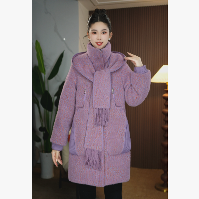 【奈娅定制】D8189冬季设计感围巾连帽新款优雅百搭白鸭绒羽绒服女