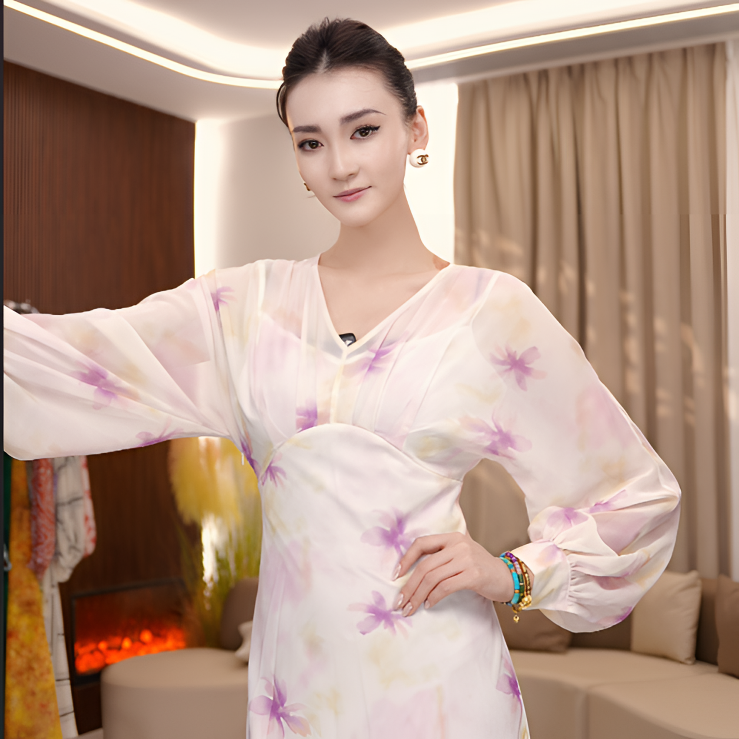 【萄禧】设计师夏季薄款优雅气质显瘦时尚V领长袖连衣裙TX05QZ3321