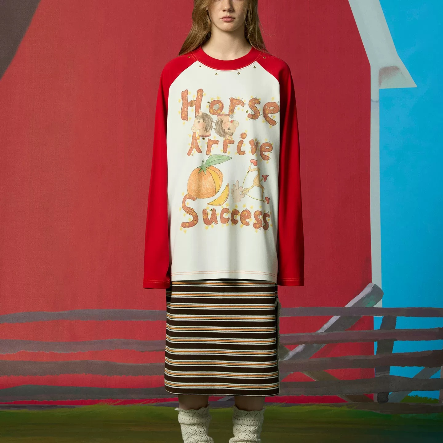 CHEERi UPi2026年春季新款马到成功插肩长袖时髦宽松圆领T恤上衣