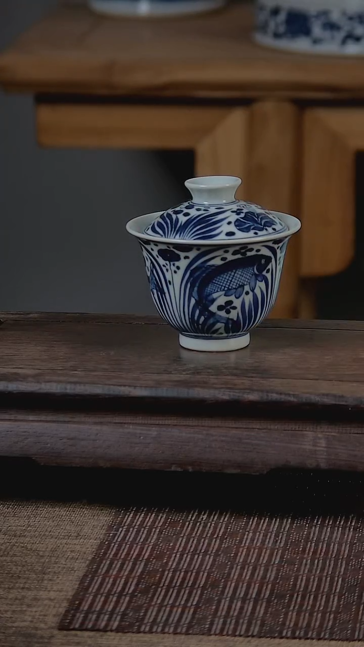 折葵非器手工手绘鱼藻两才盖碗