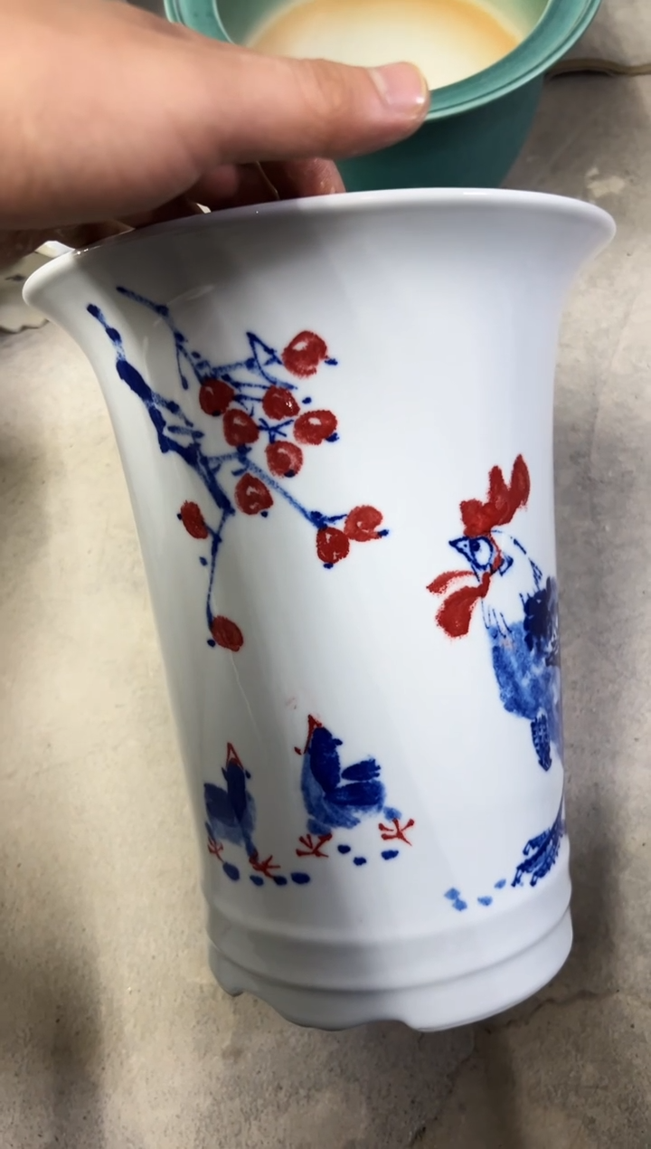 音****3微瑕景德镇青花瓷花盆高27外口22内口16 