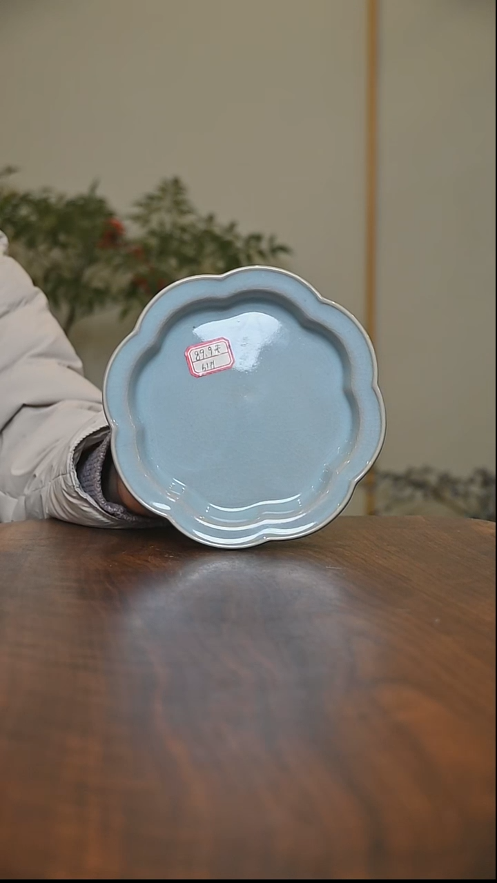 61#盘 天青 微瑕 朱家汝窑款