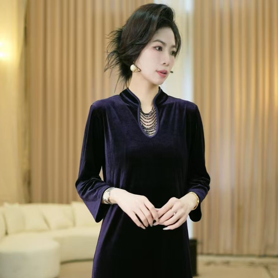 宝儿姐LEMONDISIN秋季新款气质重工钉珠显瘦旗袍中长裙遮肉连衣裙