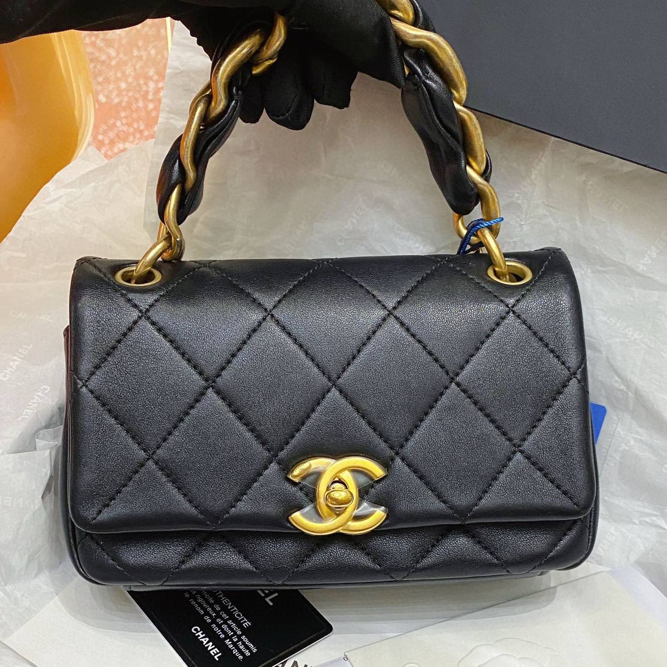 99新 Chanel/香奈儿 黑金 手提 单肩包/7JQ30178