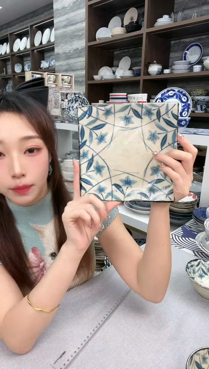 瓷黄泥桔梗直角正方形盘17cm两支