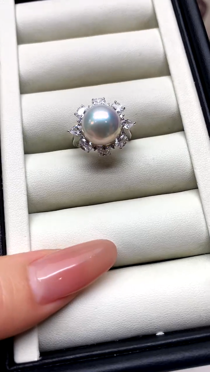 银S925镶嵌戒指淡水珍珠11-12mm