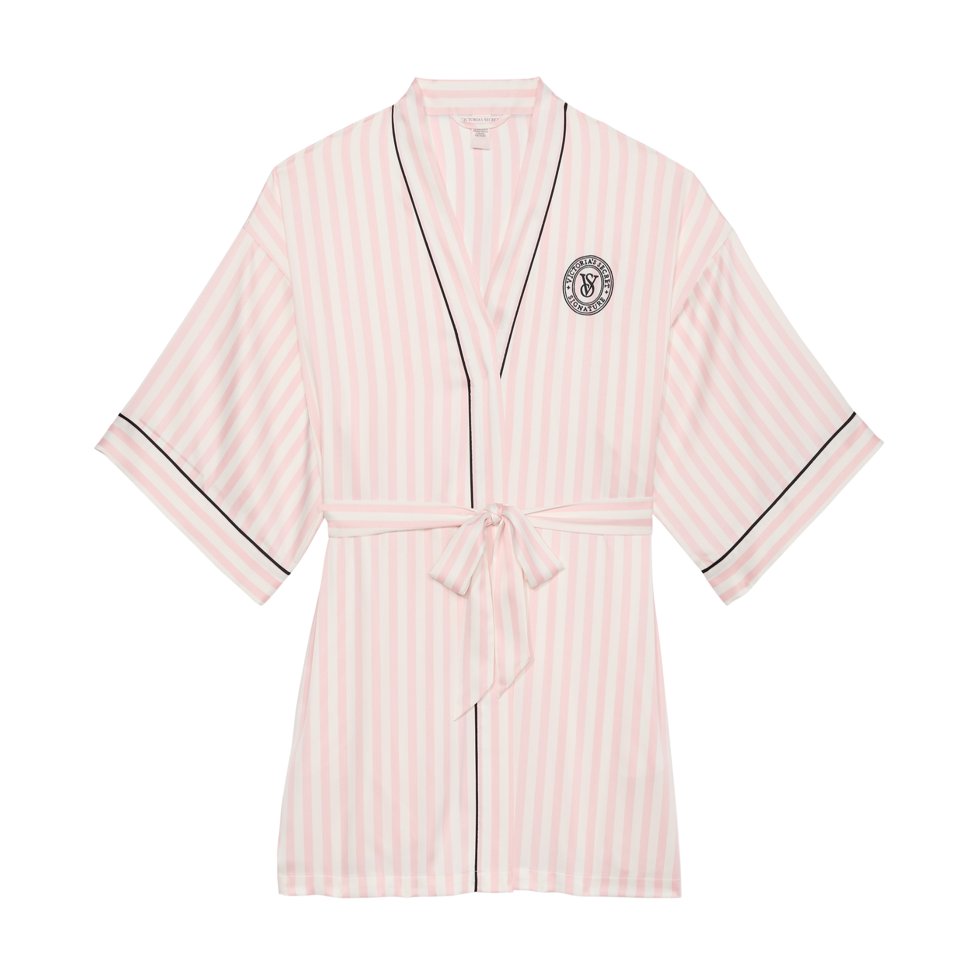 【维密·中长款睡袍】经典粉白条纹宽松系带睡袍家居服