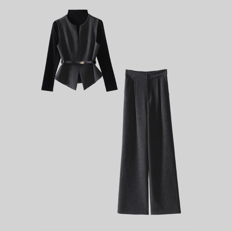 6621套装女秋冬新款洋气显瘦圆领马甲外套针织打底衫阔腿裤三件套