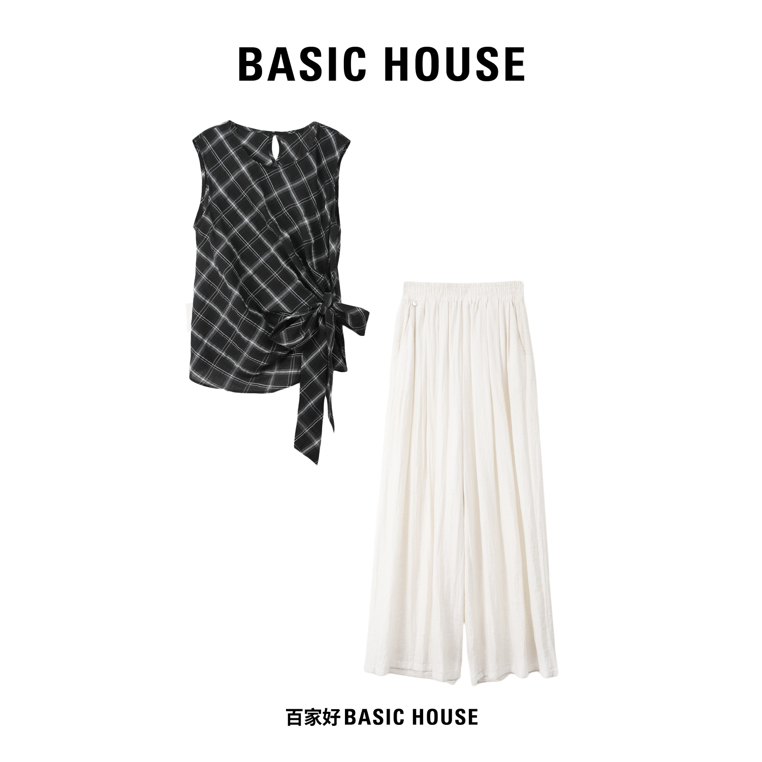 Basic House/百家好2025新款短袖格纹户外衬衣轻熟风套装A202 XY