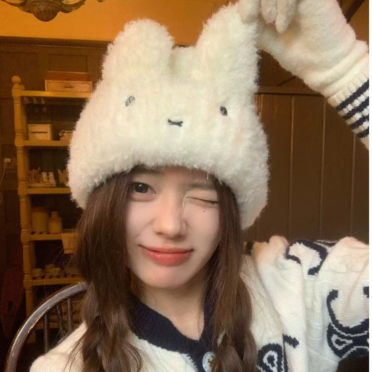 米菲兔卡通帽子防寒护耳可爱甜美冬季毛茸茸帽子动耳护脖