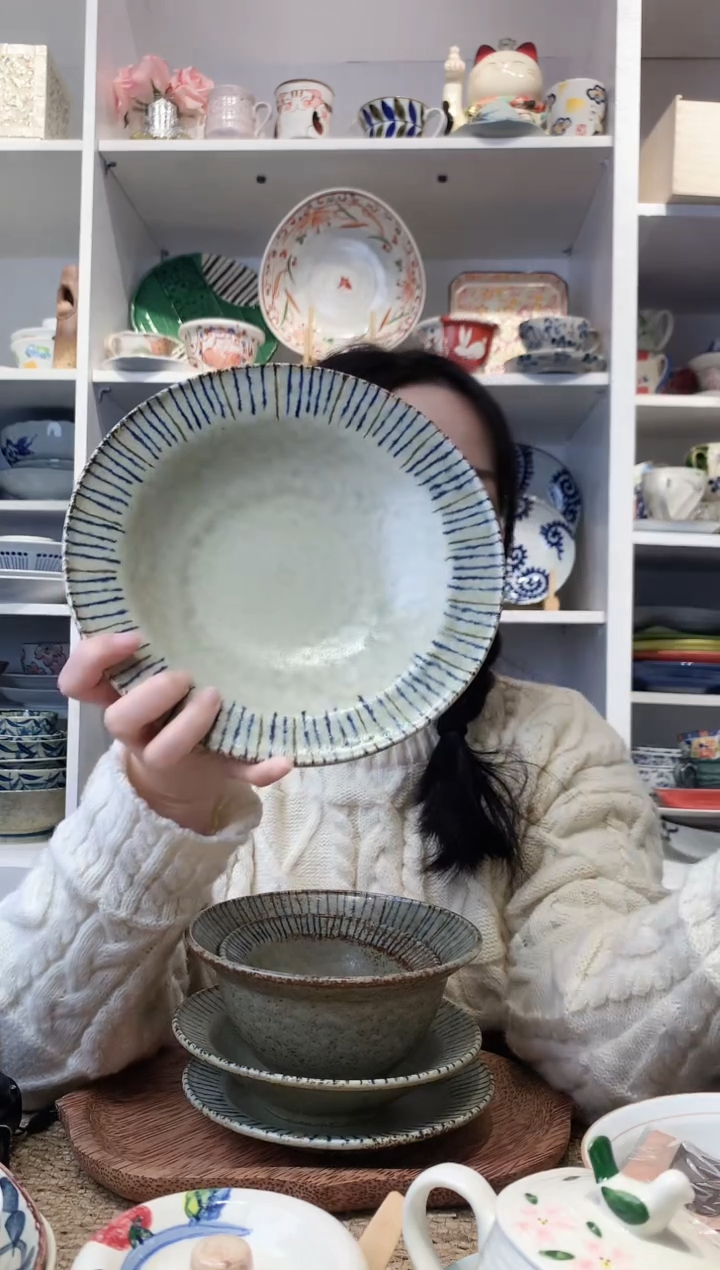 陶瓷美浓烧复古松叶十草大盘21cm