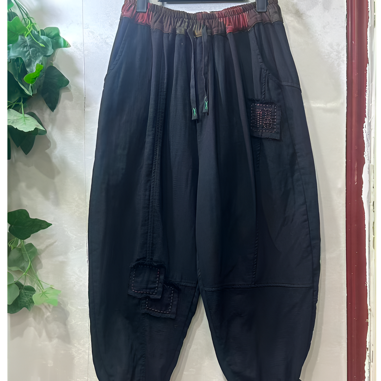 复古女装休闲风刺绣贴布休闲长裤秋季松紧腰