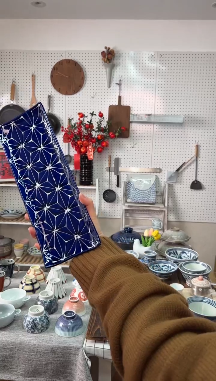 瓷琉璃 長角皿 麻の葉琉璃 長角皿 麻の葉