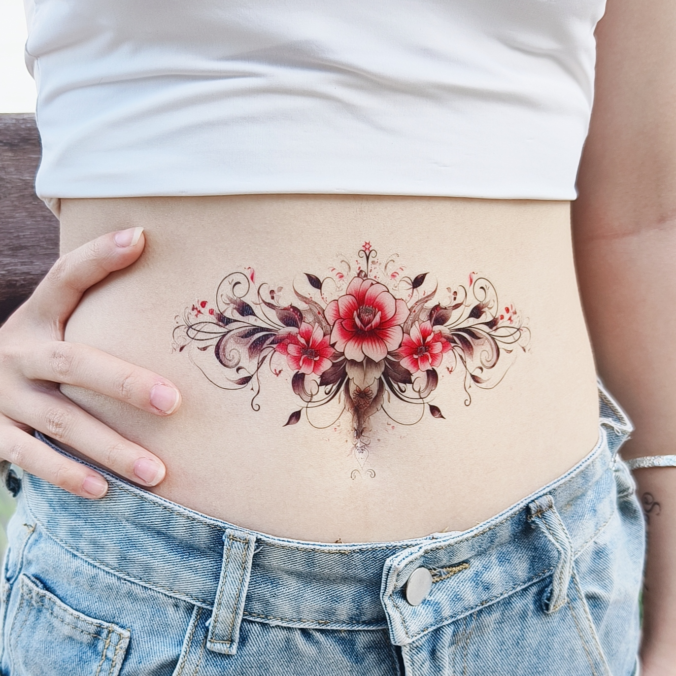 彩色纹身贴遮盖腹部疤痕妊娠纹蝴蝶玫瑰防水持久腰部花朵图案