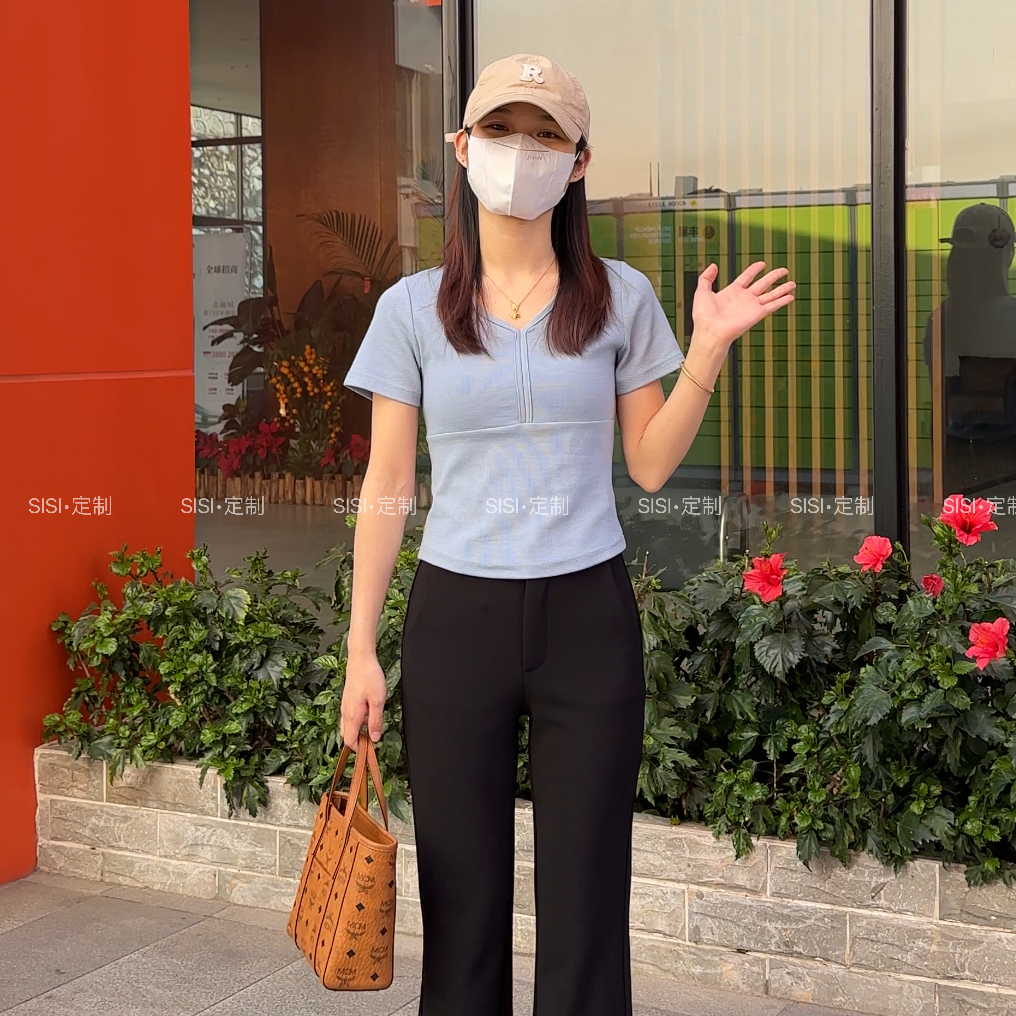 CC~夏装染色百搭简约修身型T恤短袖V领纯色女士高腰不褪色