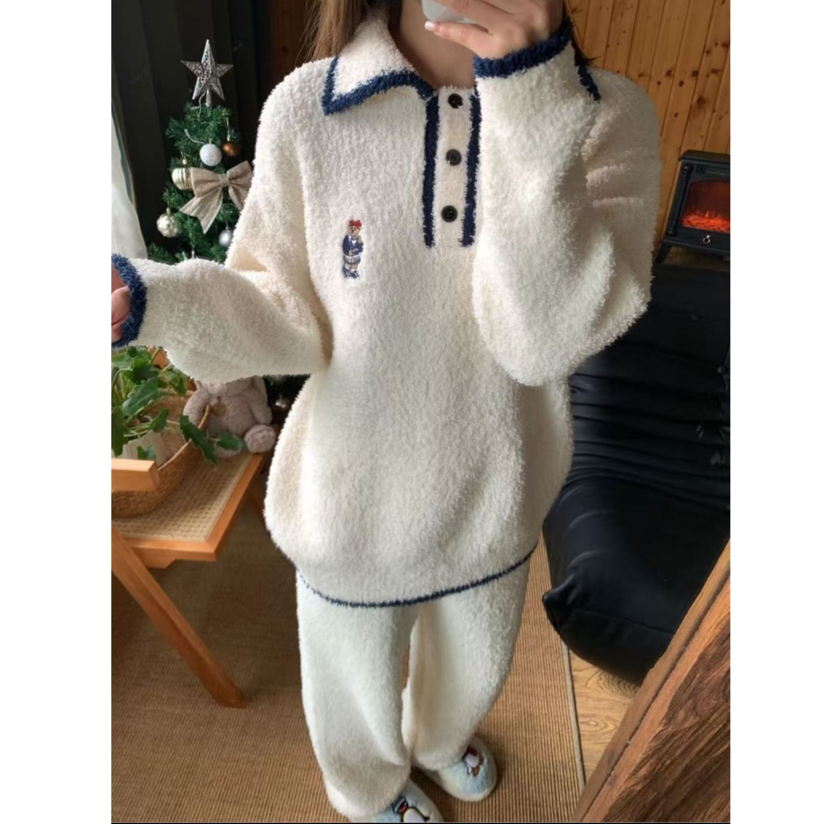 冬季睡衣套装半边绒家居服套装保暖V领大码小香风冬款2025年新款