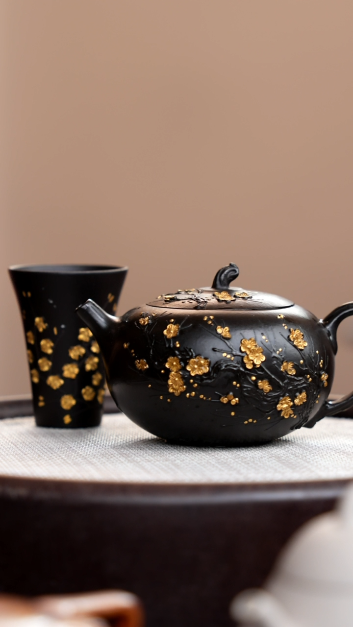 茶壶紫砂捂灰朱泥描金梅花苹果+杯