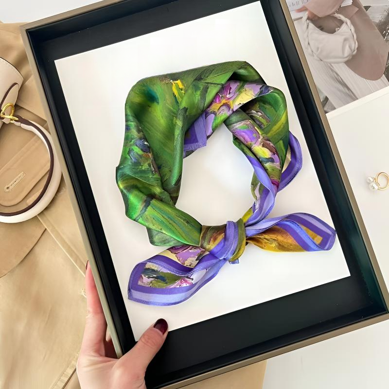 桑蚕丝单面油画花卉紫色小花53方巾女士真丝丝巾围巾防晒外搭A103